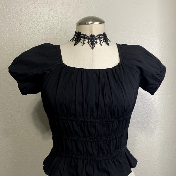 Gothic Whimsigoth VIctorian Milkmaid Ruched Puff Sleeve Cropped Blouse - Picture 3 of 14